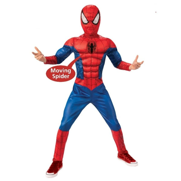 Child wearing an officially licensed Spider-Man deluxe lenticular costume with padded muscles for Book Week and superhero dress-up