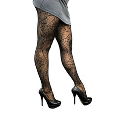 Spider Web Deluxe Tights – black patterned tights for Halloween or spooky costumes.