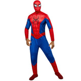 A adult or teen full-body Spider-Man costume shown from the front, featuring a red and blue design with a black spider emblem on the back, photographed against a plain white background.