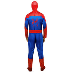 A adult or teen full-body Spider-Man costume shown from the front, featuring a red and blue design with a black spider emblem on the back, photographed against a plain white background.