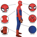 A adult or teen full-body Spider-Man costume shown from the side, featuring details of costume, photographed against a plain white background.
