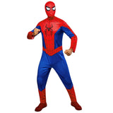 A adult or teen full-body Spider-Man costume shown from the front, featuring a red and blue design with a black spider emblem on the back, photographed against a plain white background.
