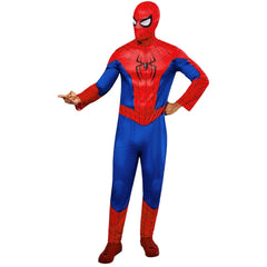 A adult or teen full-body Spider-Man costume shown from the front, featuring a red and blue design with a black spider emblem on the back, photographed against a plain white background.