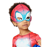 A child wearing a Spider-Man themed costume mask and matching red and blue costume top against a plain white background.