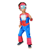 Toddler wearing an officially licensed Spidey Deluxe costume with glow-in-the-dark spider emblem for Book Week and superhero dress-up