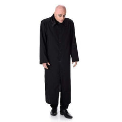 Spooky Gent Costume long black coat with fur collar, buttons up with bald cap.