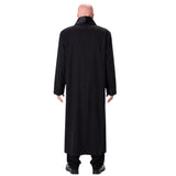 Rear view of spooky gent costume showing long black coat and velveteen-style collar