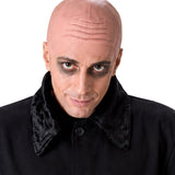 Close-up of spooky gent costume showing bald headpiece, dark eye makeup and black collar detail