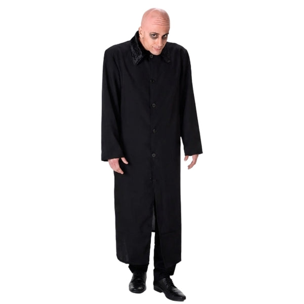 Spooky gent costume for men with long black coat and bald headpiece for Halloween