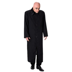 Spooky Gent adult Halloween costume with long black coat and bald headpiece