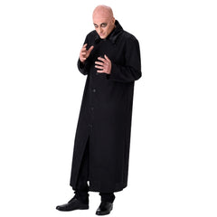 Spooky gent costume for men with long black coat and bald headpiece for Halloween