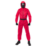 Squid Game Guard Deluxe Costume, red jumpsuit, 3 masks and gloves.