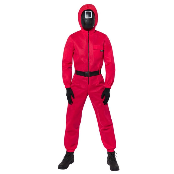 Squid Game Guard Deluxe Costume, red jumpsuit, 3 masks and gloves