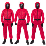 Squid Game Guard Deluxe Costume, red jumpsuit, 3 masks and gloves
