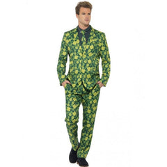St patricks day shamrock suit hire includes all over shamrock print lined jacket, pants and matching tie.