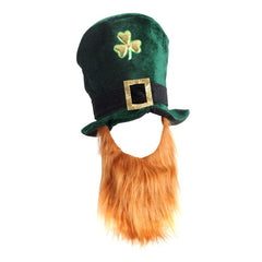 Green St Patrick’s Day top hat with gold shamrock and attached orange beard – leprechaun costume accessory
