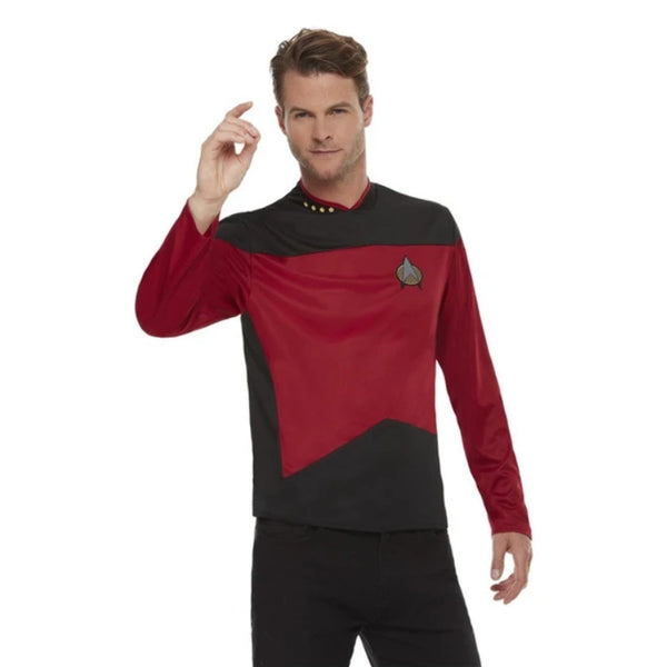 Star Trek The Next Generation Command Uniform, red and black shirt with emblem on chest.