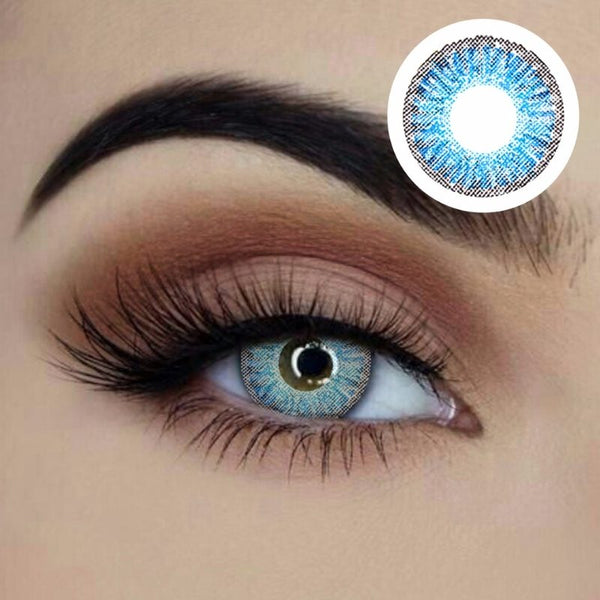 Close-up of vibrant blue lens for costume and everyday fashion looks.