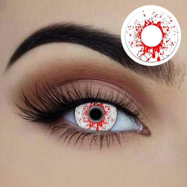 Starry Eyed Blood Splatter contact lenses – white lenses with red splatter design for Halloween or horror cosplay