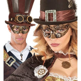 Couple wearing masquerade steampunk eyemask featuring cog and chain design