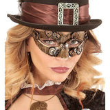 Woman wearing vintage style steampunk eyemask for masquerade and cosplay