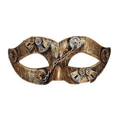 Steampunk eyemask with distressed metal look cogs and chain costume accessory