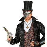 Man holding foam toy revolver dressed in steampunk costume