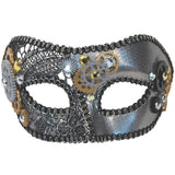 Silver steampunk masquerade mask with cog embellishments and black lace accents for cosplay and costume parties