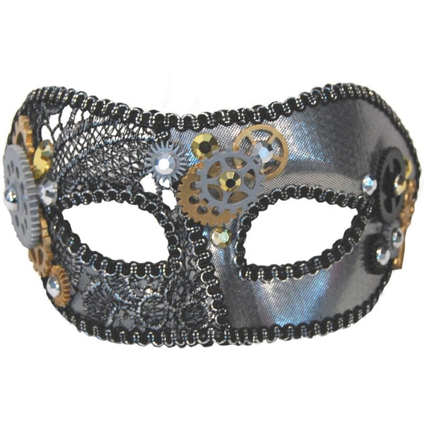 Silver steampunk masquerade mask with cog embellishments and black lace accents for cosplay and costume parties
