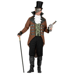 Steampunk tailcoat costume brown front view with vest and jabot