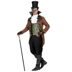 Steampunk tailcoat costume brown front view with vest and jabot