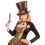 Tall brown steampunk hat with vinyl-look detailing