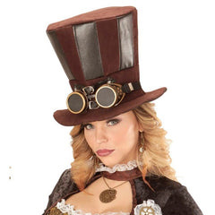 Brown steampunk top hat with attached goggles and contrasting trim
