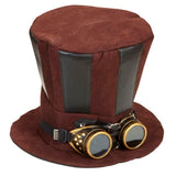 Brown steampunk top hat with attached goggles and contrasting trim
