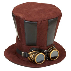 Brown steampunk top hat with attached goggles and contrasting trim