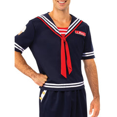 Adult Stranger Things Steve Scoops Ahoy costume with sailor top, shorts, and hat
