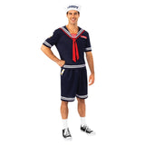 Adult Stranger Things Steve Scoops Ahoy costume with sailor top, shorts, and hat