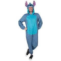 Adult Stitch hooded onesie costume with 3D ears and plush finish