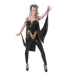 Adult Storm X-Men costume with black jumpsuit, cape, and gold accessories – Marvel