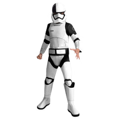 Stormtrooper Executioner Deluxe Child Costume – full-length digitally printed jumpsuit with padded chest and arms, stitched armour details, printed pants with 3D boot tops, foam-backed belt, and moulded mask with mesh eyes and elastic strap.