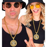 Strass dollar necklace worn by a man and woman