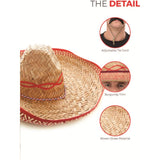 Straw hat with red band and burgundy trim, showing details on a white background.