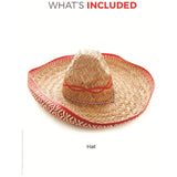 Woven straw hat with red band on a white background