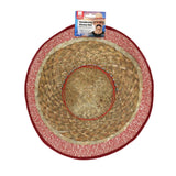 Woven straw hat with red band on a white background