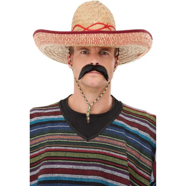 Oversized straw sombrero with red trim and tie cord – Click & Collect only Mexican party hat