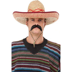 Oversized straw sombrero with red trim and tie cord – Click & Collect only Mexican party hat