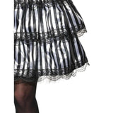 striped black and white ruffle skirt with black lace trim.