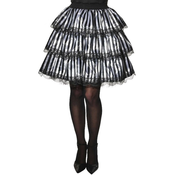 striped black & white ruffle skirt, 3 layers of ruffles edged in black lace.
