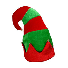 Red and green striped elf hat costume accessory for Christmas outfits