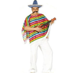 Striped poncho with colourful pattern and fringe trim – one size adult costume.